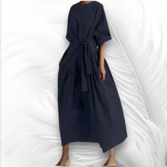 Navy Blue Oversized Maxi Dress Loose Fit with Waist Tie and Pockets - Picture 2 of 4